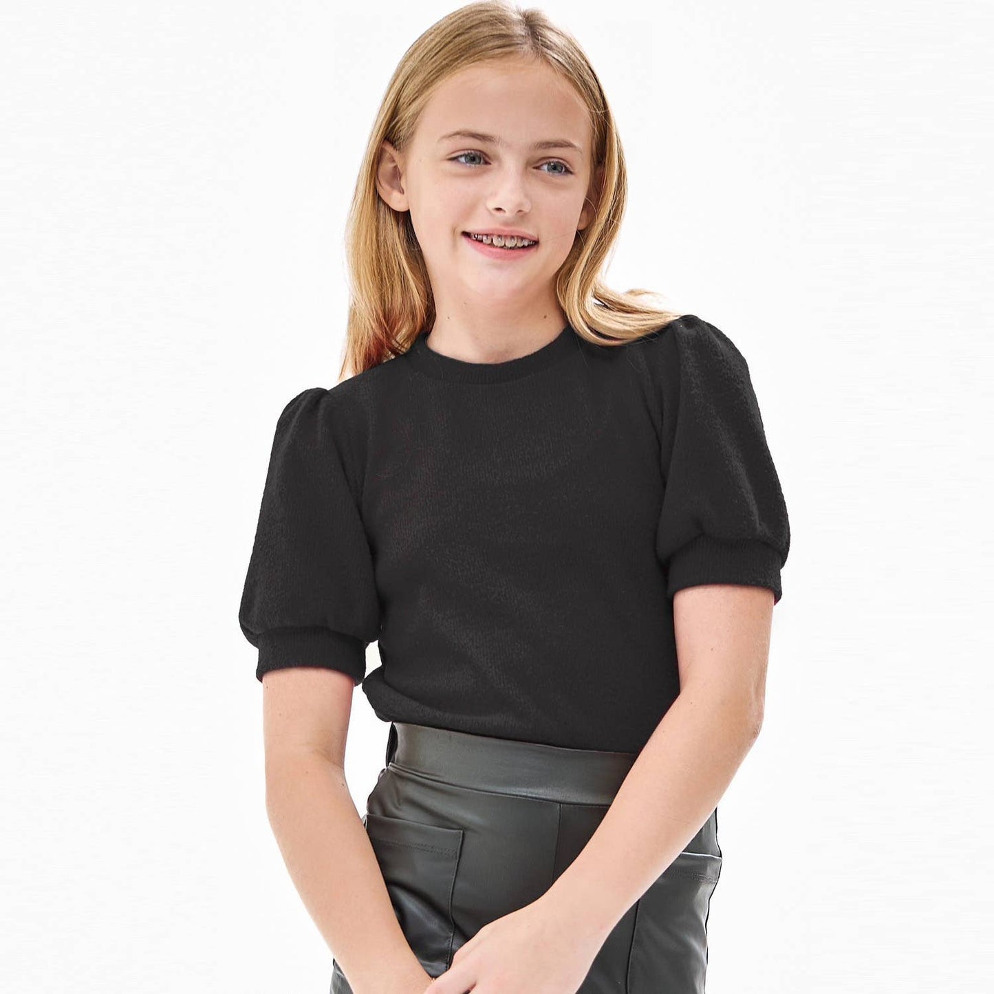 Tween Short Puff Sleeve Knit Sweater