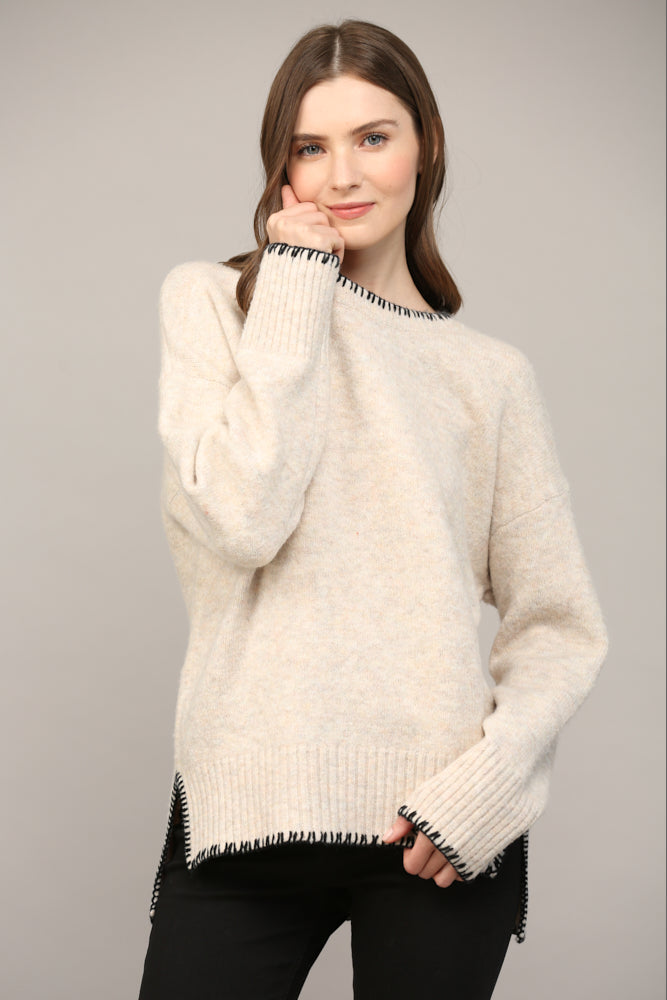 Top Stitch Detail Round Neck Sweater