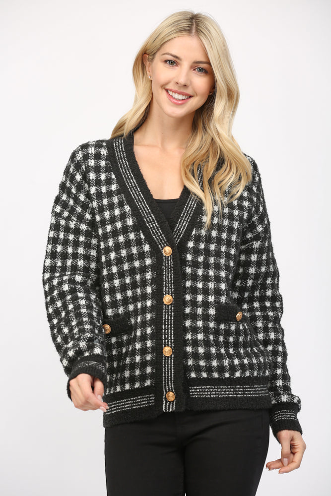 Front Button Closure Check Pattern Cardigan