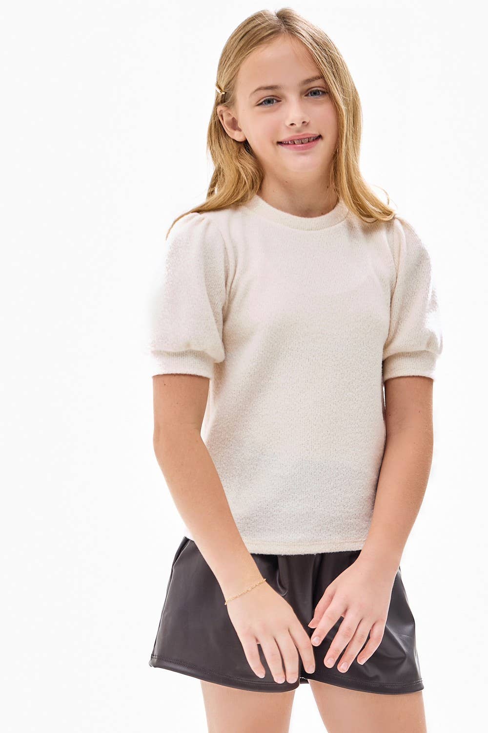 Tween Short Puff Sleeve Knit Sweater